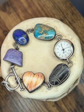 Signed J. Yates Navajo Sterling Silver Watch - Turquoise, Spiny Oyster, Scarab